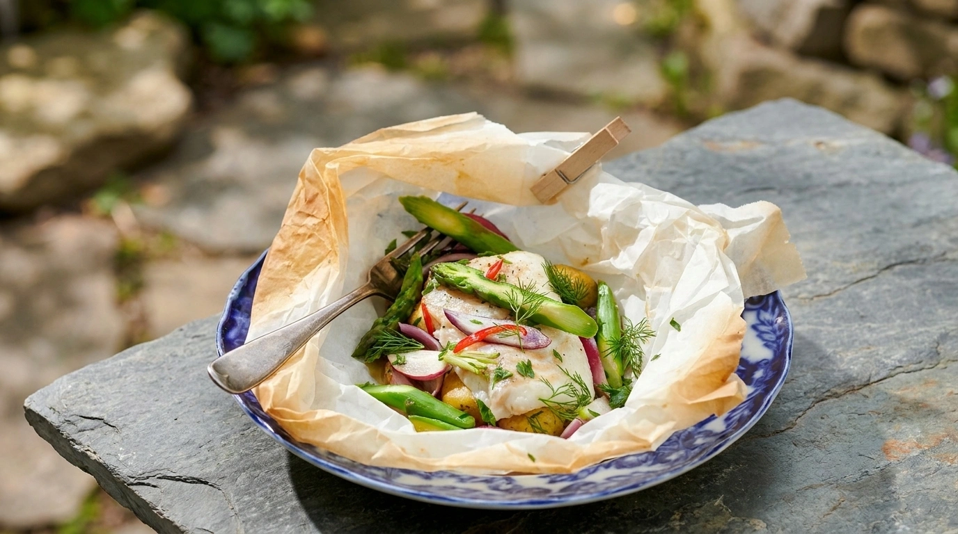 Torskpaket med sparris, potatis och citron | Fisk på grillen